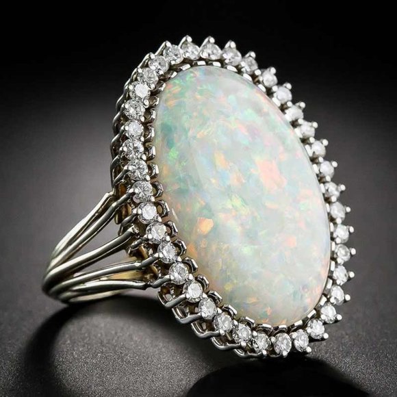 Jewelry - Luxury Super Large Oval Sun Flower Gemstone Fire Opal Silver Ring, VIP312